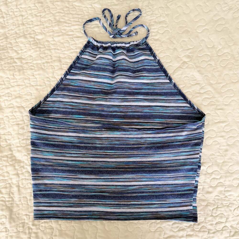 Moda Intl Vintage Blue Striped Halter Top Crop Neck Tie - Picture 2 of 5